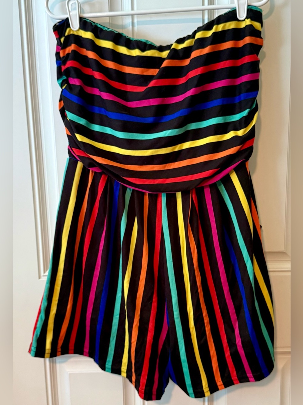 Rogue Black Strapless Romper with Rainbow Stripes